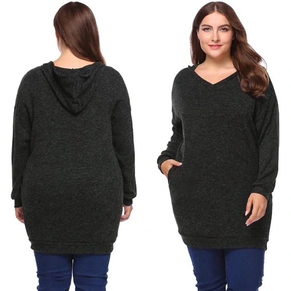 Cozy Charcoal Hoodie Tunic Sweater Dress w Pockets - Picture 2 of 4